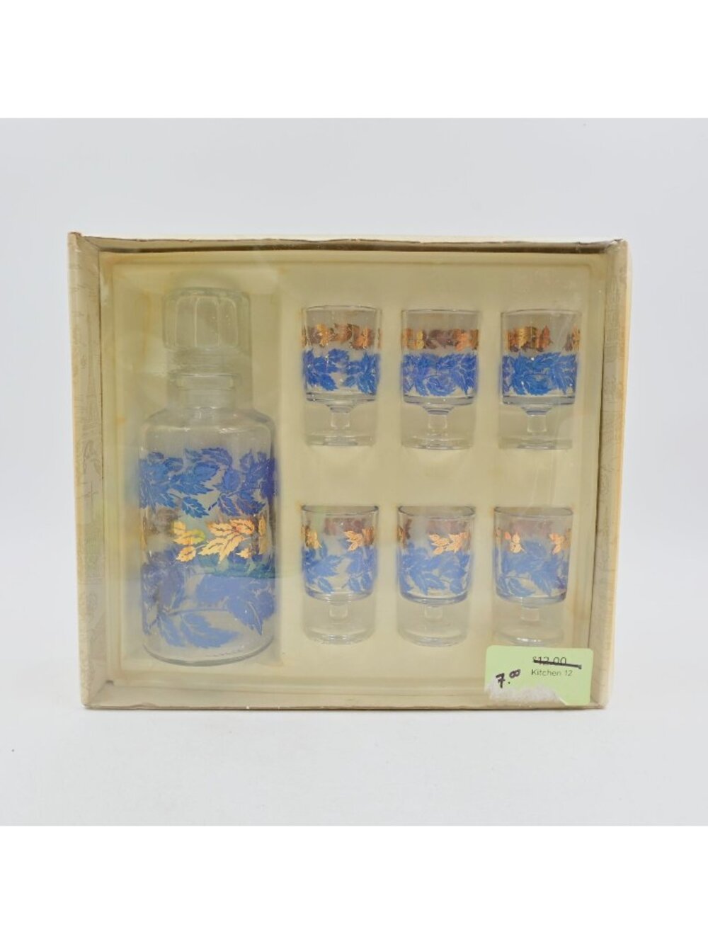 Luminarc Blue Gold Leaves Decanter & 6 Cordial Shot Glasses Boxed Set Vintage - Picture 1 of 8